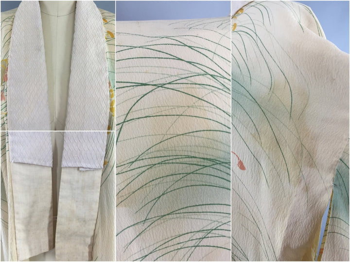 1940s Vintage Silk Kimono Robe / Ivory Birdcage Novelty Print - ThisBlueBird