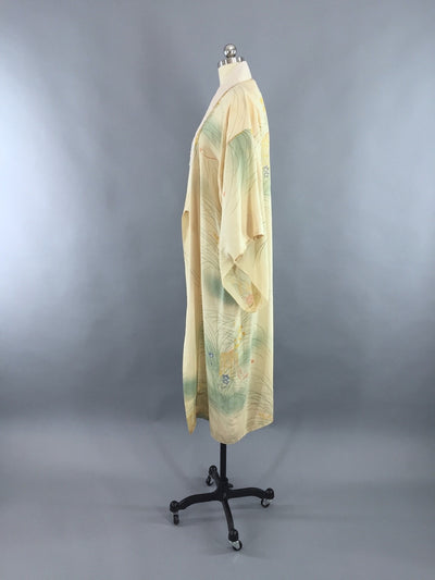 1940s Vintage Silk Kimono Robe / Ivory Birdcage Novelty Print - ThisBlueBird