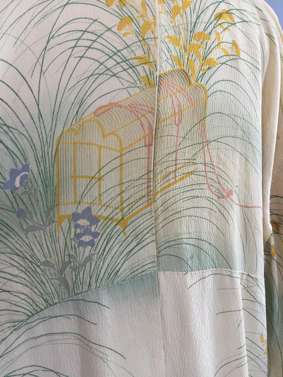 1940s Vintage Silk Kimono Robe / Ivory Birdcage Novelty Print - ThisBlueBird