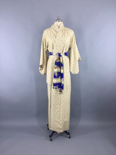 1940s Vintage Silk Kimono Robe / Ivory Black Ikat Meisen - ThisBlueBird