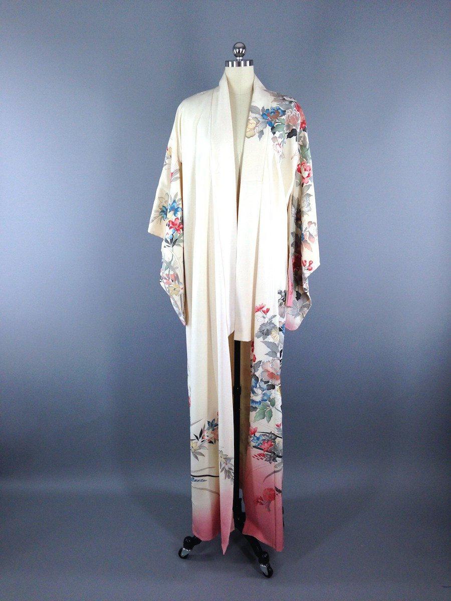 1940s Vintage Silk Kimono Robe / Ivory Rose - ThisBlueBird
