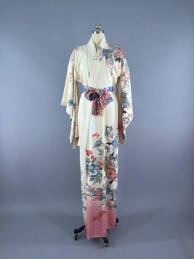 1940s Vintage Silk Kimono Robe / Ivory Rose - ThisBlueBird