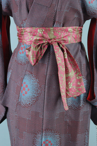 1940s Vintage Silk Kimono Robe / Maroon Red & Blue Omeshi Floral - ThisBlueBird
