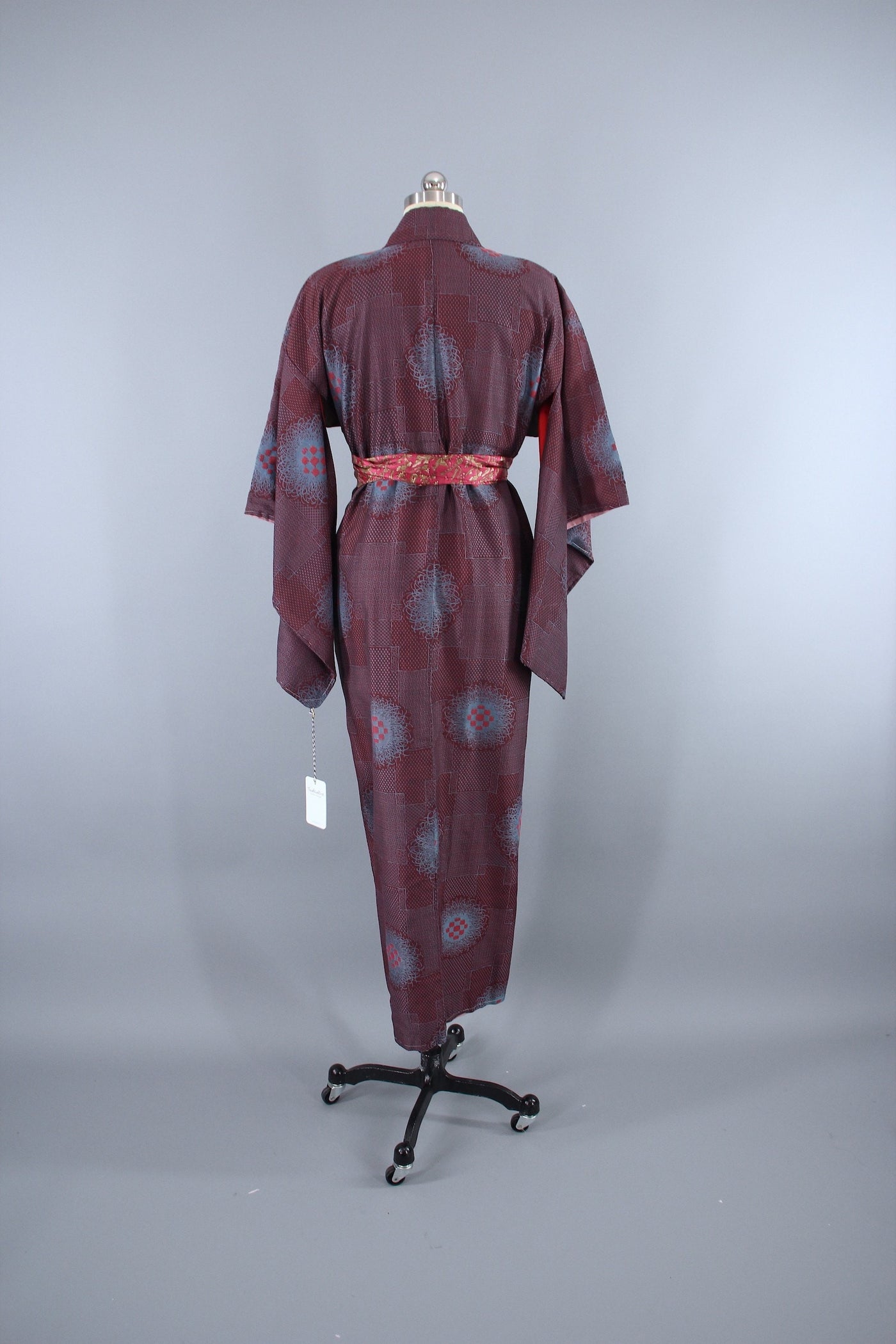 1940s Vintage Silk Kimono Robe / Maroon Red & Blue Omeshi Floral - ThisBlueBird