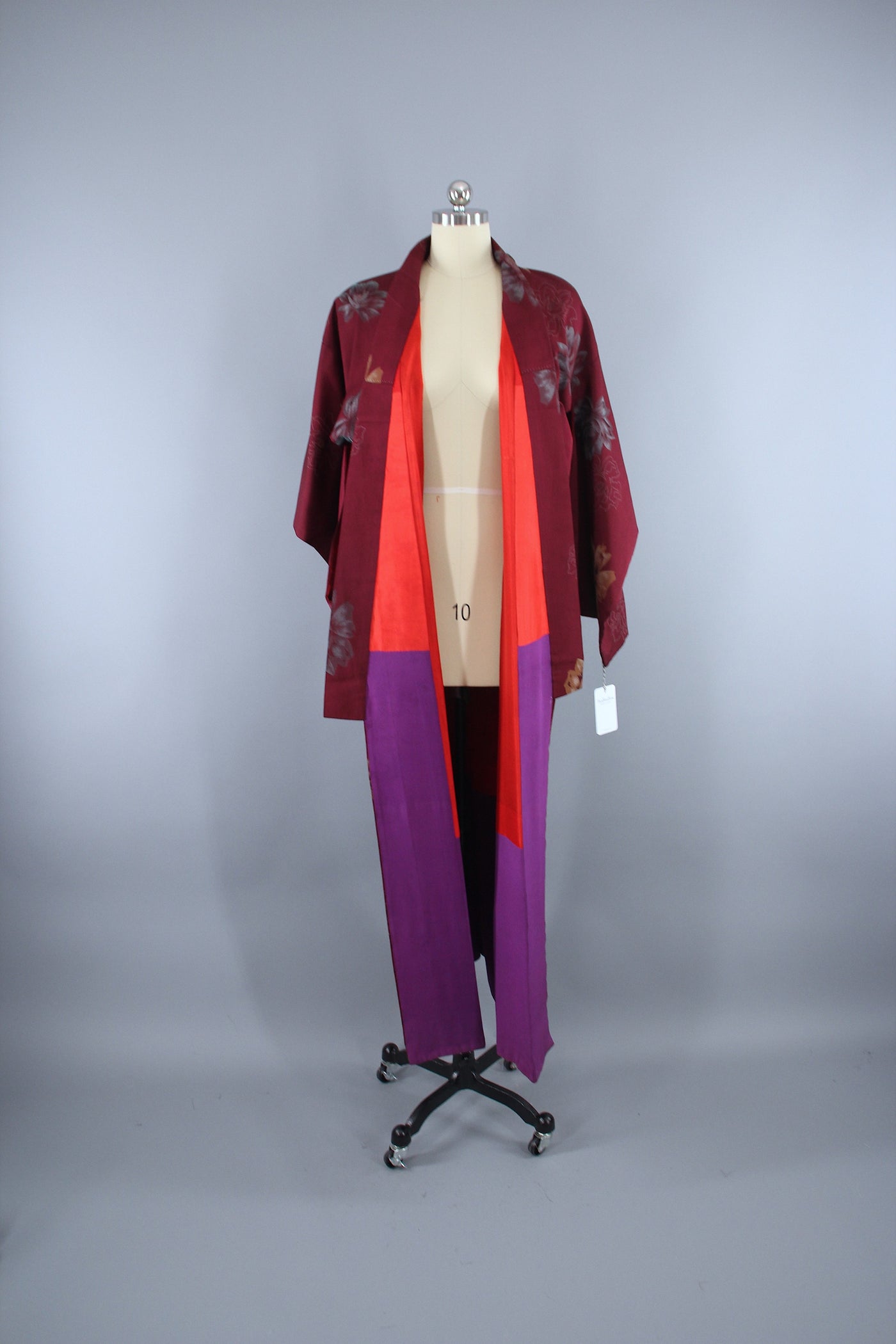 1940s Vintage Silk Kimono Robe / Maroon Red Floral Omeshi Crepe - ThisBlueBird