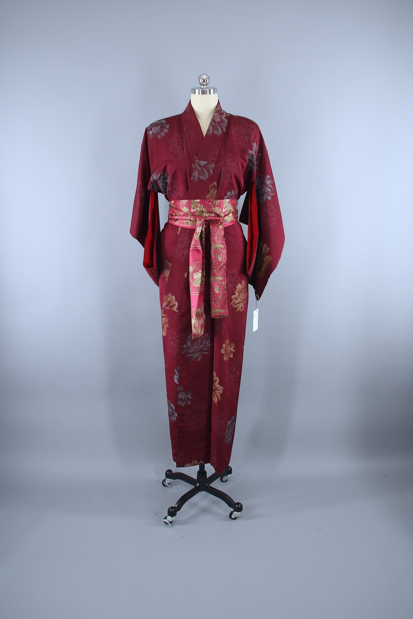 1940s Vintage Silk Kimono Robe / Maroon Red Floral Omeshi Crepe - ThisBlueBird