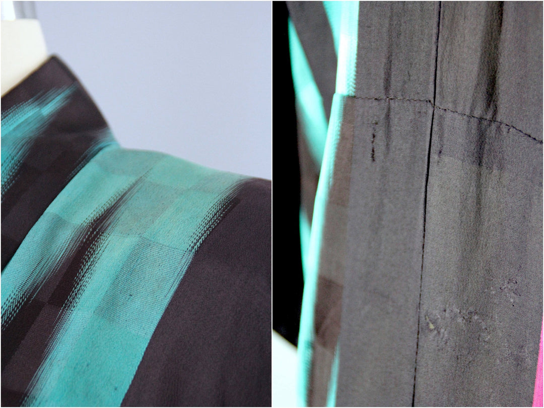 1940s Vintage Silk Kimono Robe / Meisen Black &amp; Green Ikat - ThisBlueBird