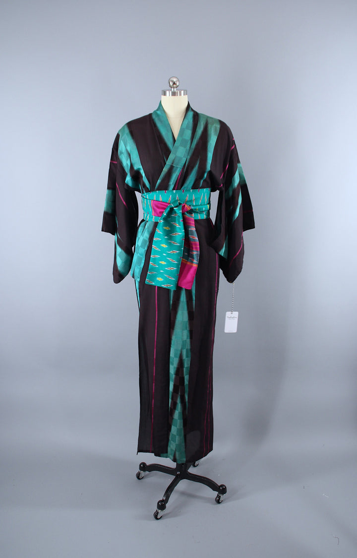 1940s Vintage Silk Kimono Robe / Meisen Black &amp; Green Ikat - ThisBlueBird