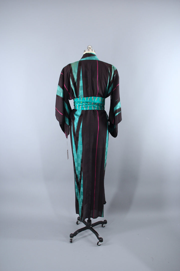 1940s Vintage Silk Kimono Robe / Meisen Black &amp; Green Ikat - ThisBlueBird
