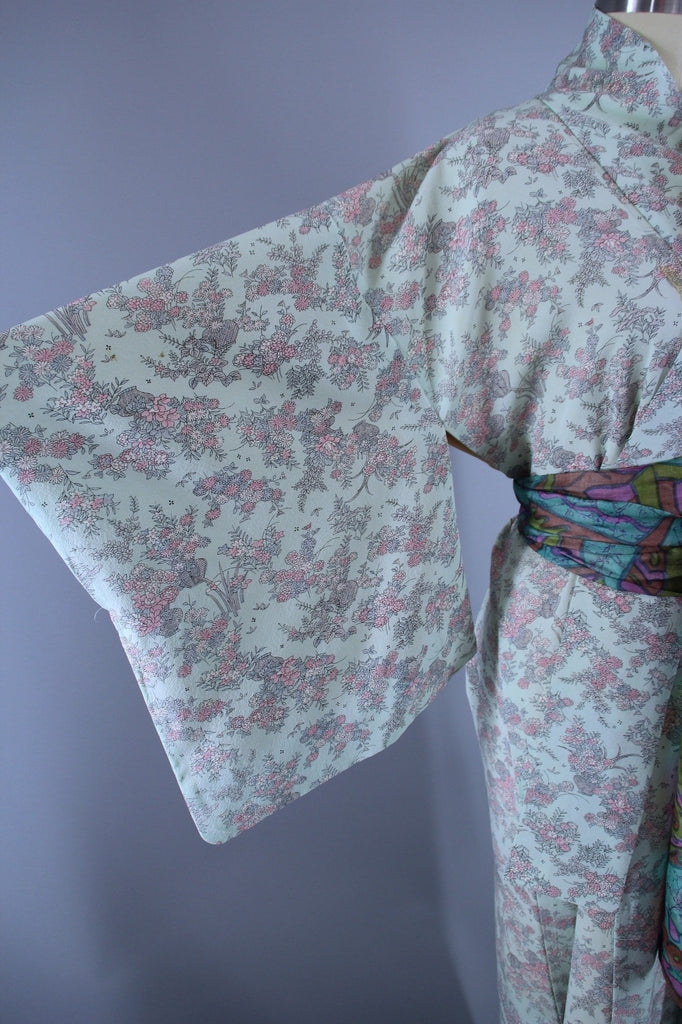1940s Vintage Silk Kimono Robe / Mint Green Tiny Pink Floral Print - ThisBlueBird