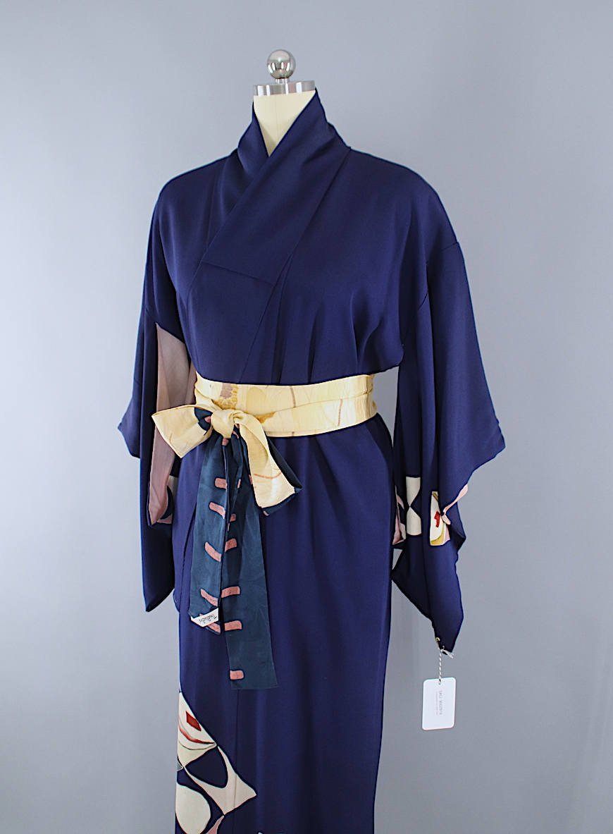 1940s Vintage Silk Kimono Robe / Navy Blue Art Deco - ThisBlueBird