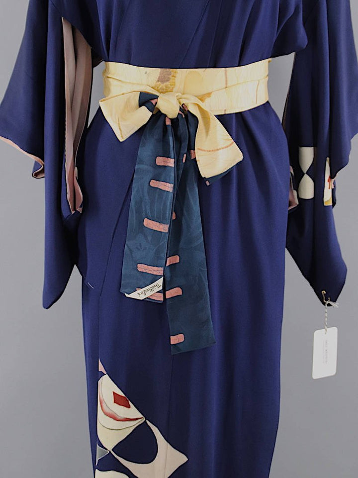 1940s Vintage Silk Kimono Robe / Navy Blue Art Deco - ThisBlueBird