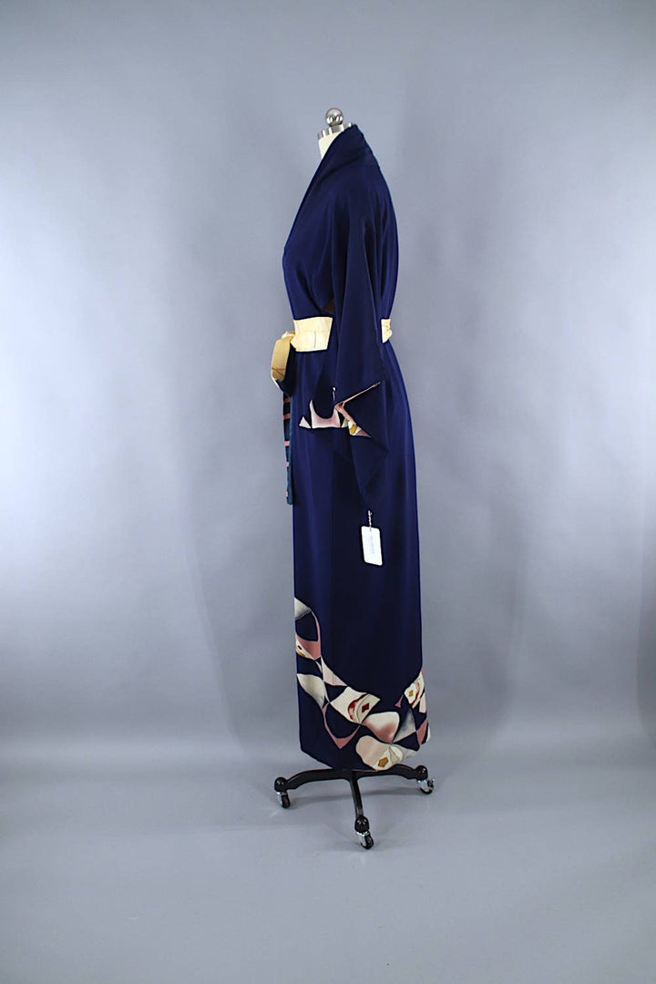 1940s Vintage Silk Kimono Robe / Navy Blue Art Deco - ThisBlueBird