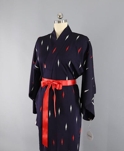 1940s Vintage Silk Kimono Robe / Navy Blue & Red Ikat Diamonds - ThisBlueBird