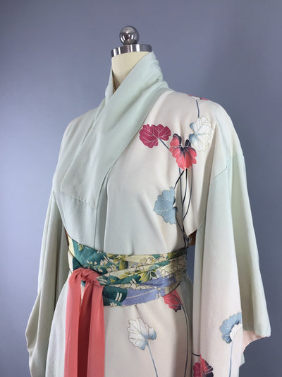 1940s Vintage Silk Kimono Robe / Pale Green Floral Print - ThisBlueBird