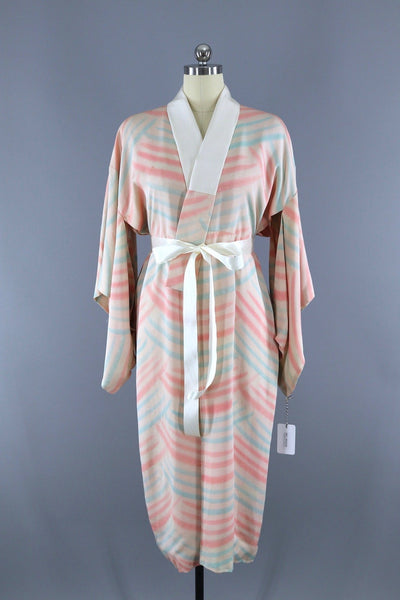 1940s Vintage Silk Kimono Robe / Pastel Pink & Aqua Stripes - ThisBlueBird