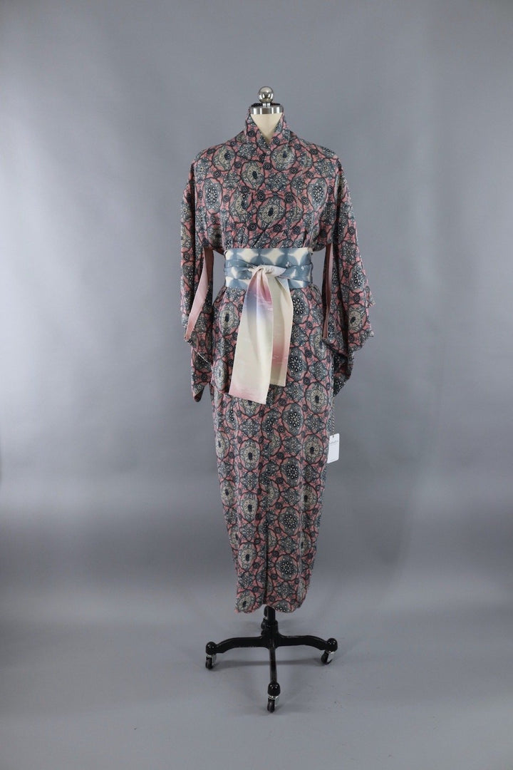 1940s Vintage Silk Kimono Robe / Pink &amp; Grey Arabesque Print - ThisBlueBird