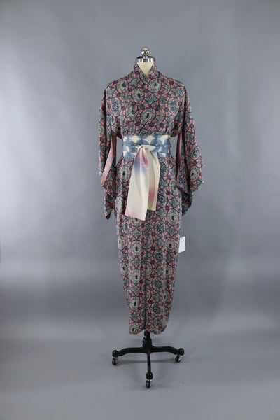 1940s Vintage Silk Kimono Robe / Pink & Grey Arabesque Print - ThisBlueBird