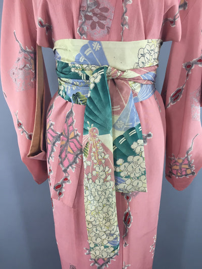 1940s Vintage Silk Kimono Robe / Pink Peach Abstract Novelty Print - ThisBlueBird
