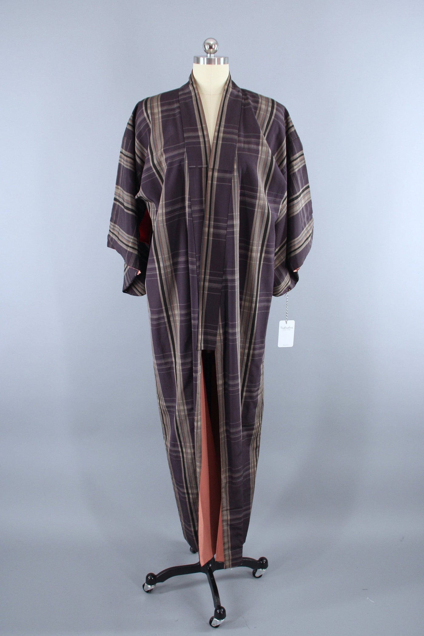 1940s Vintage Silk Kimono Robe / Purple Grey Plaid - ThisBlueBird