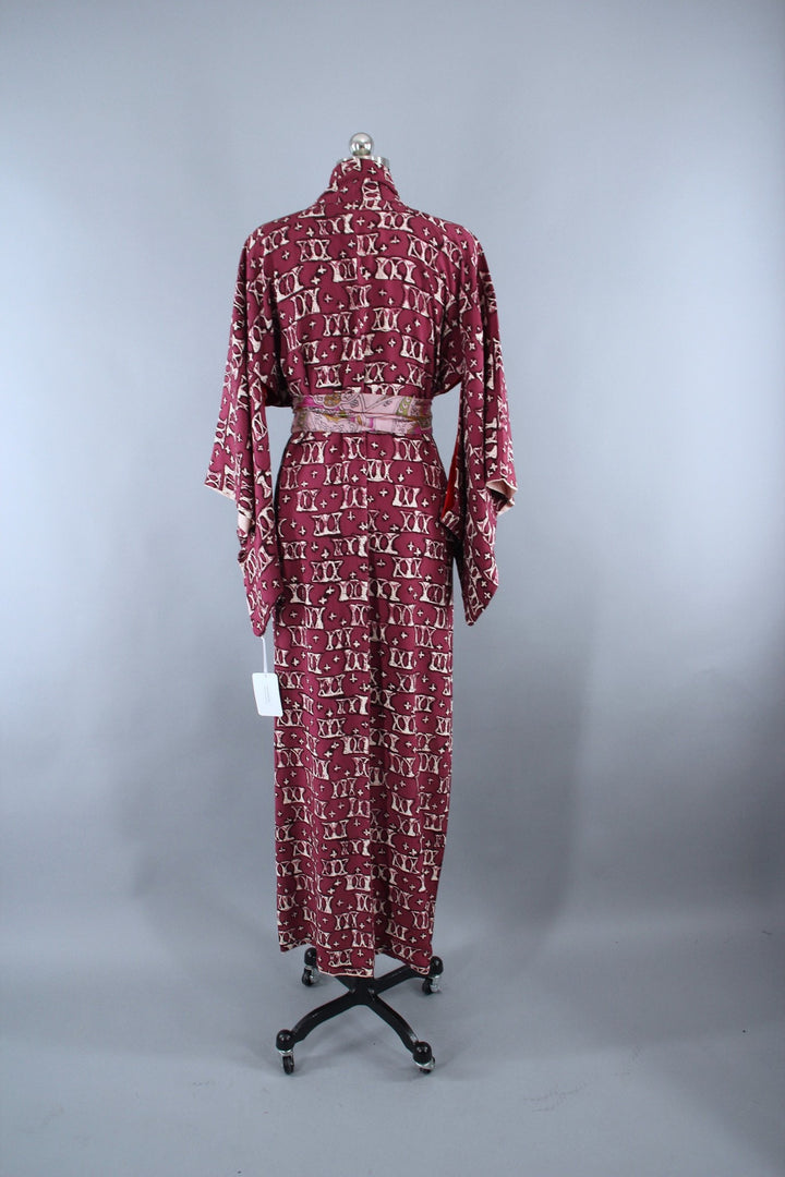 1940s Vintage Silk Kimono Robe / Purple Red X Print - ThisBlueBird
