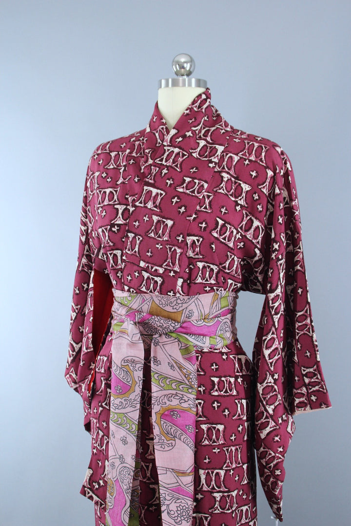 1940s Vintage Silk Kimono Robe / Purple Red X Print - ThisBlueBird
