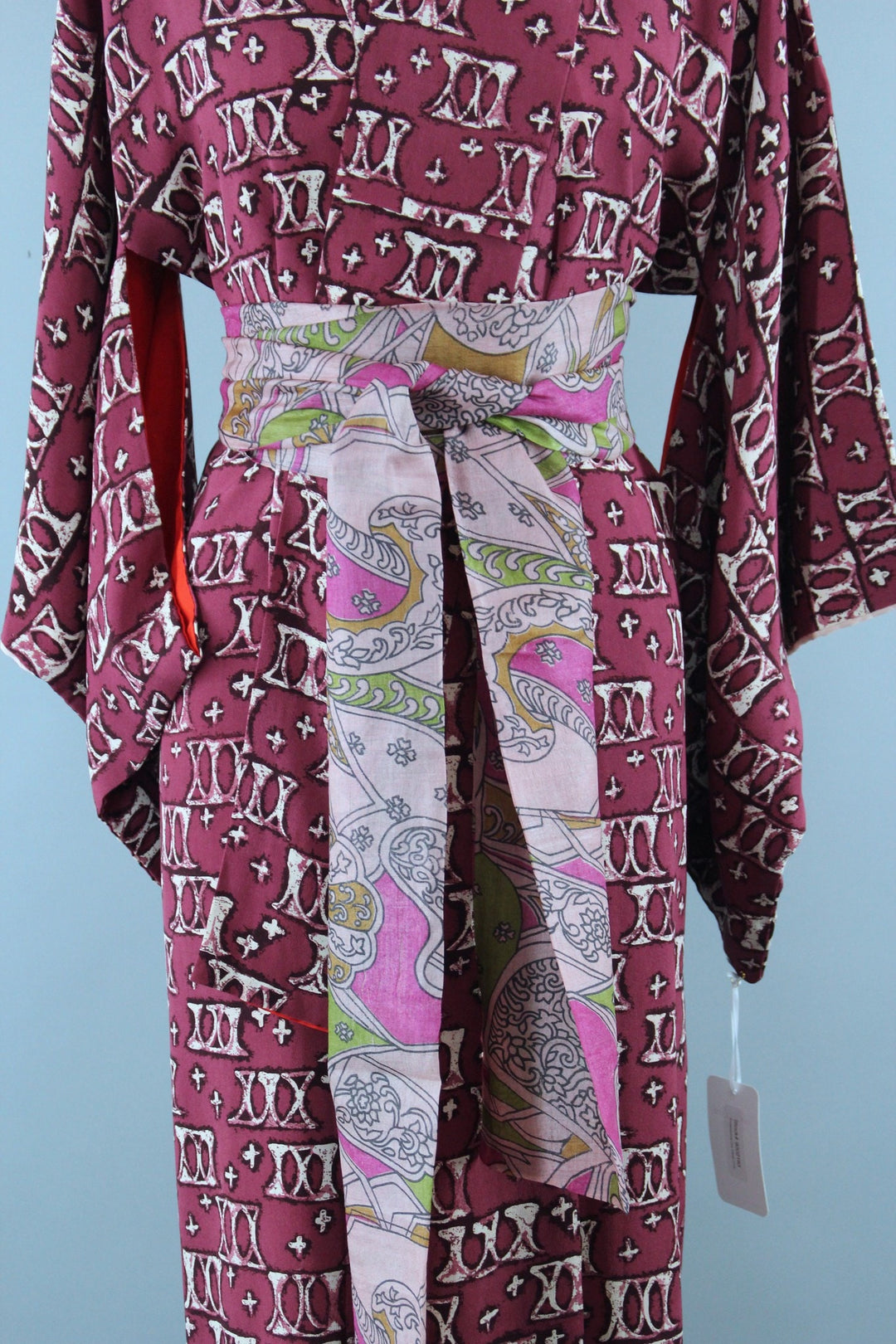 1940s Vintage Silk Kimono Robe / Purple Red X Print - ThisBlueBird