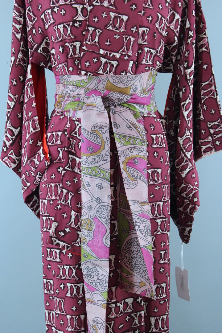 1940s Vintage Silk Kimono Robe / Purple Red X Print - ThisBlueBird