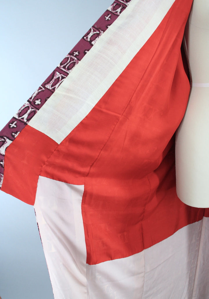 1940s Vintage Silk Kimono Robe / Purple Red X Print - ThisBlueBird