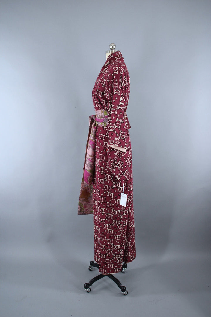 1940s Vintage Silk Kimono Robe / Purple Red X Print - ThisBlueBird