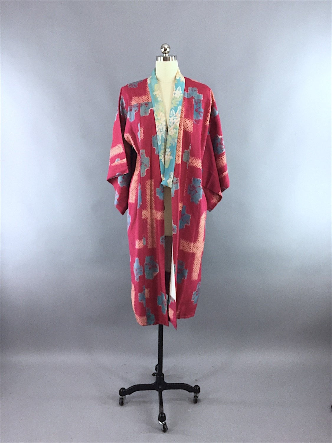 1940s Vintage Silk Kimono Robe / Raspberry Pink & Aqua Shibori - ThisBlueBird