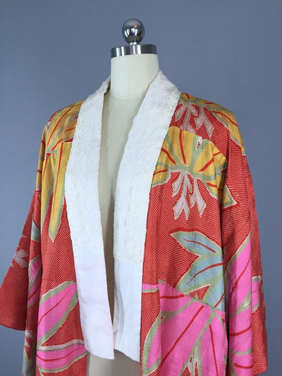 1940s Vintage Silk Kimono Robe / Red Pink Floral Print - ThisBlueBird