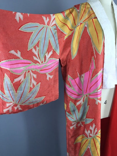 1940s Vintage Silk Kimono Robe / Red Pink Floral Print - ThisBlueBird