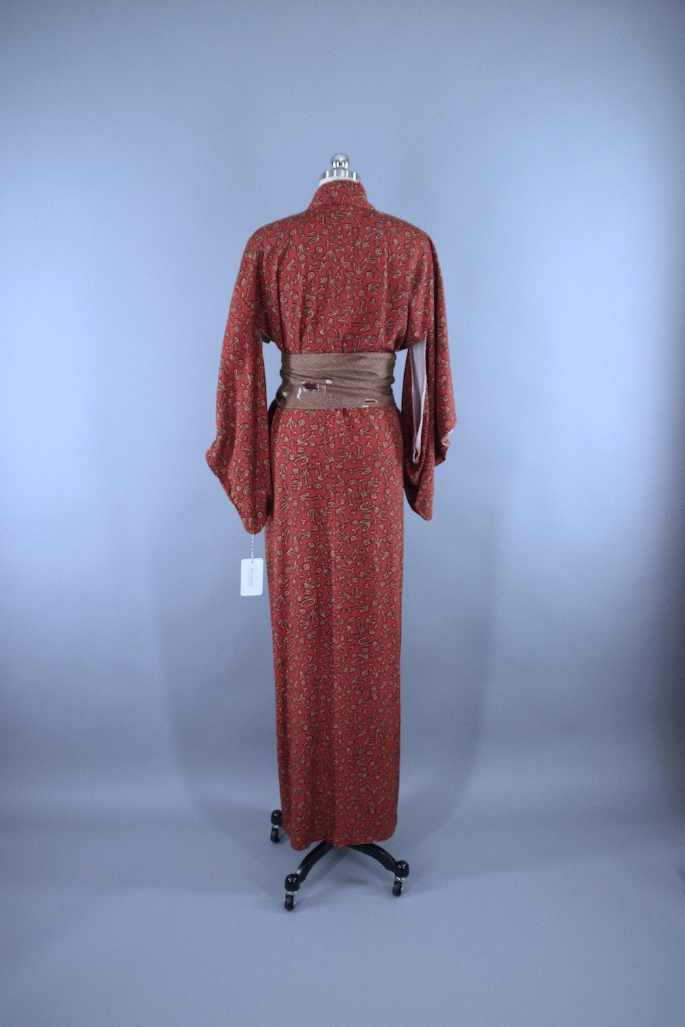1940s Vintage Silk Kimono Robe / Rust Brown Abstract Floral - ThisBlueBird