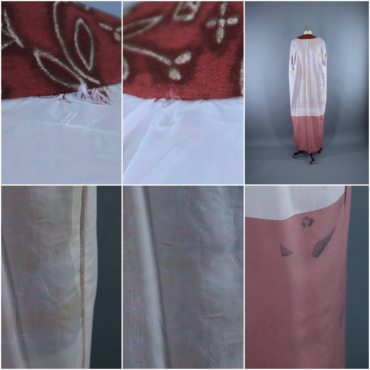 1940s Vintage Silk Kimono Robe / Rust Brown Abstract Floral - ThisBlueBird
