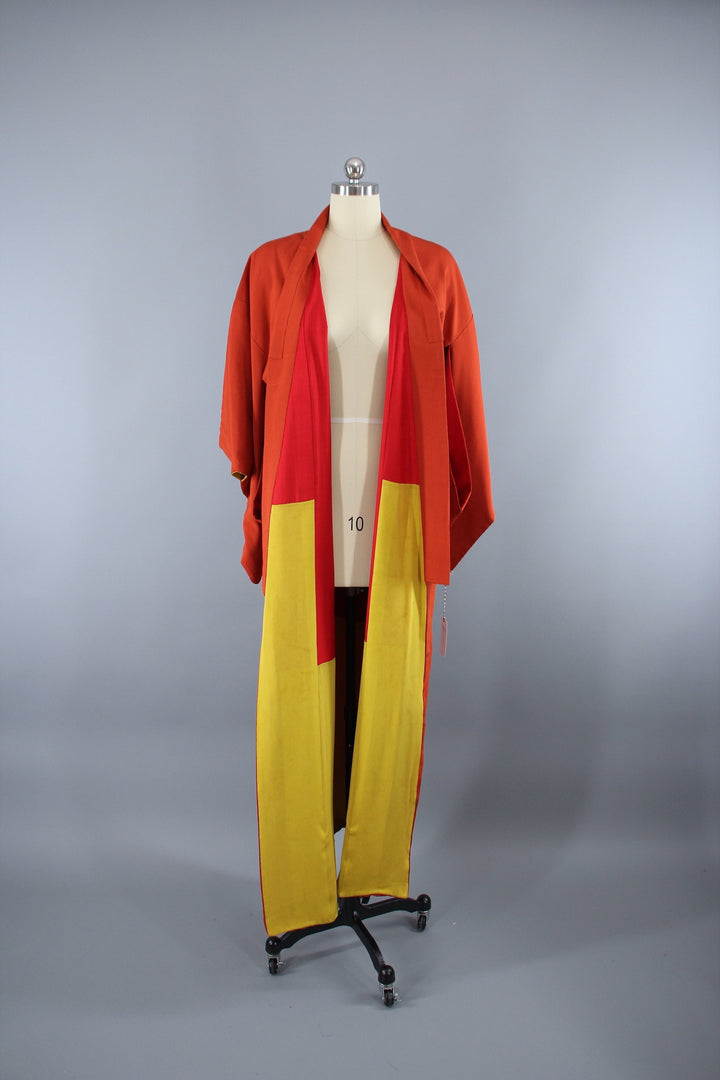1940s Vintage Silk Kimono Robe / Rust Dark Orange Crepe - ThisBlueBird