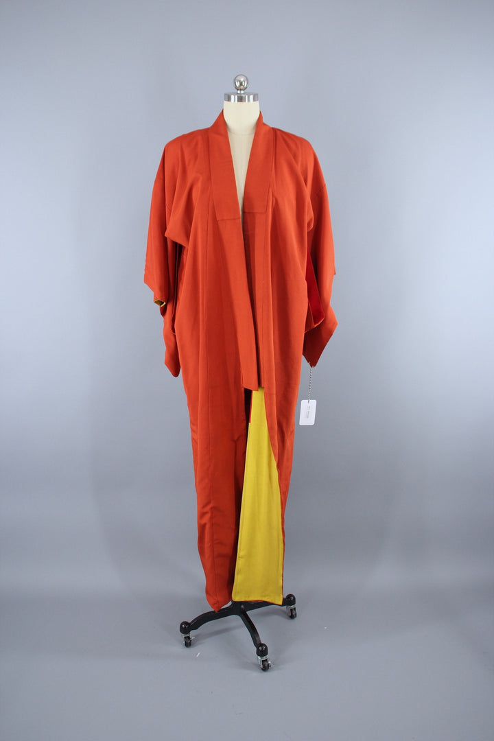 1940s Vintage Silk Kimono Robe / Rust Dark Orange Crepe - ThisBlueBird