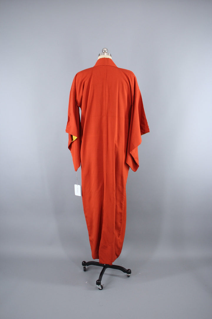 1940s Vintage Silk Kimono Robe / Rust Dark Orange Crepe - ThisBlueBird