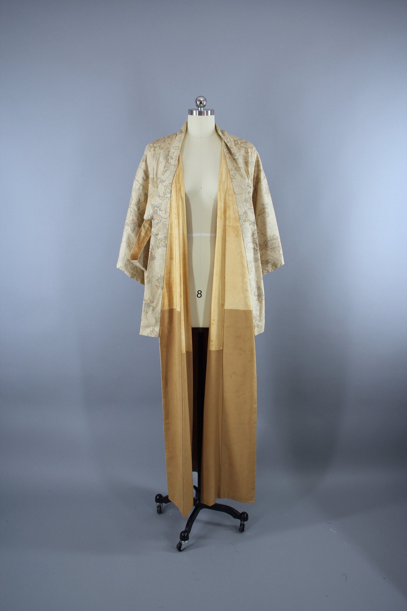 1940s Vintage Silk Kimono Robe / Tan Dotted Floral Print - ThisBlueBird