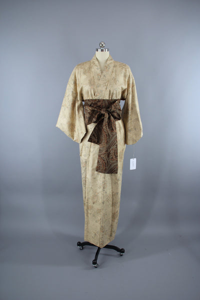 1940s Vintage Silk Kimono Robe / Tan Dotted Floral Print - ThisBlueBird