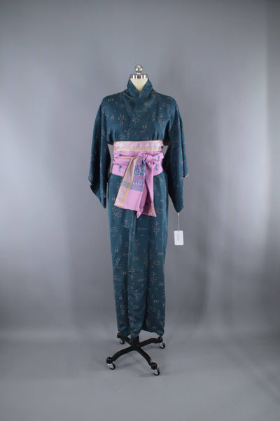1940s Vintage Silk Kimono Robe / Teal Blue Floral - ThisBlueBird