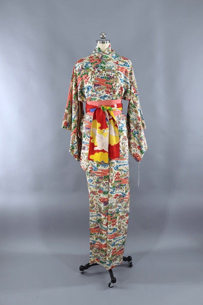 1940s Vintage Silk Kimono Robe / Village River Novelty Print - ThisBlueBird
