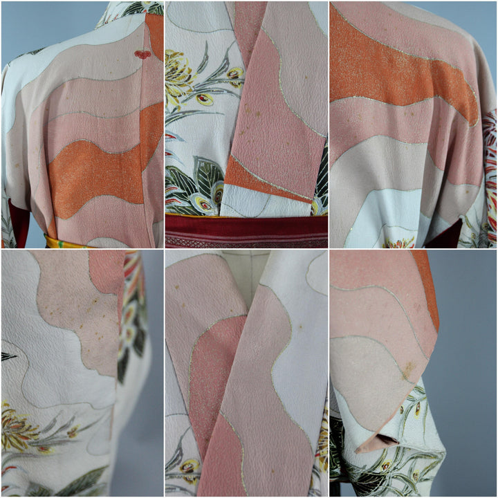 1940s Vintage Silk Kimono Robe / White Terra Cotta Floral Print - ThisBlueBird