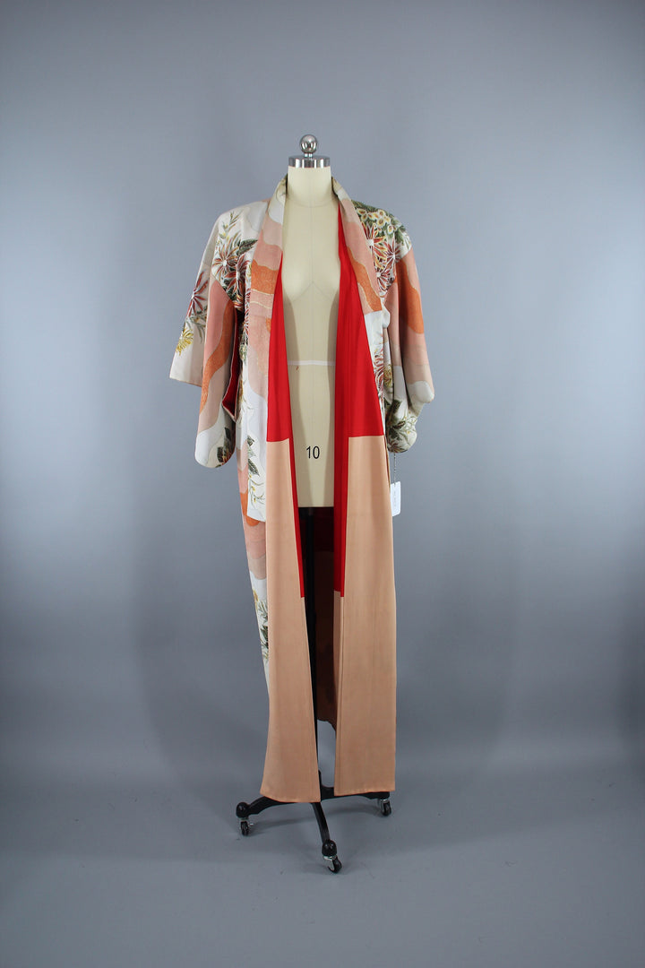 1940s Vintage Silk Kimono Robe / White Terra Cotta Floral Print - ThisBlueBird