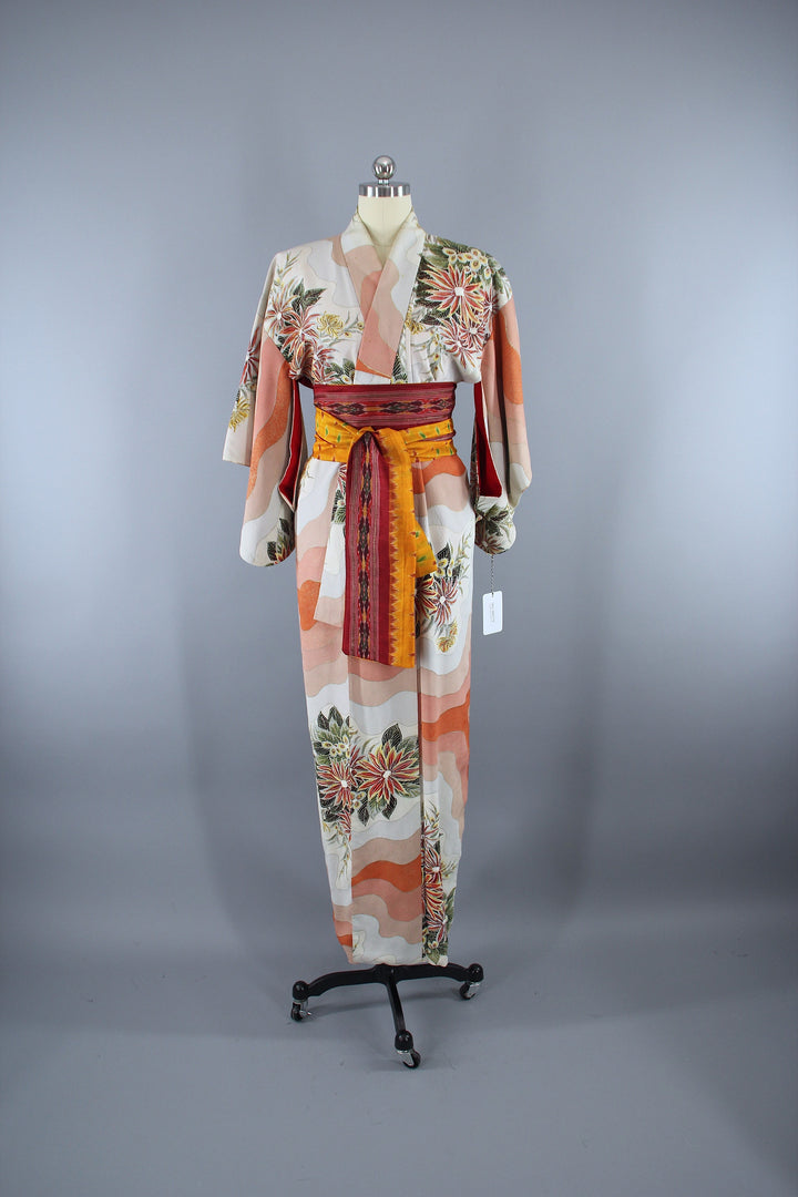1940s Vintage Silk Kimono Robe / White Terra Cotta Floral Print - ThisBlueBird