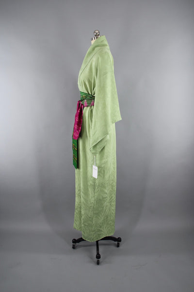 1940s Vintage Silk Kimono Robe with Light Green Bamboo Leaves - ThisBlueBird