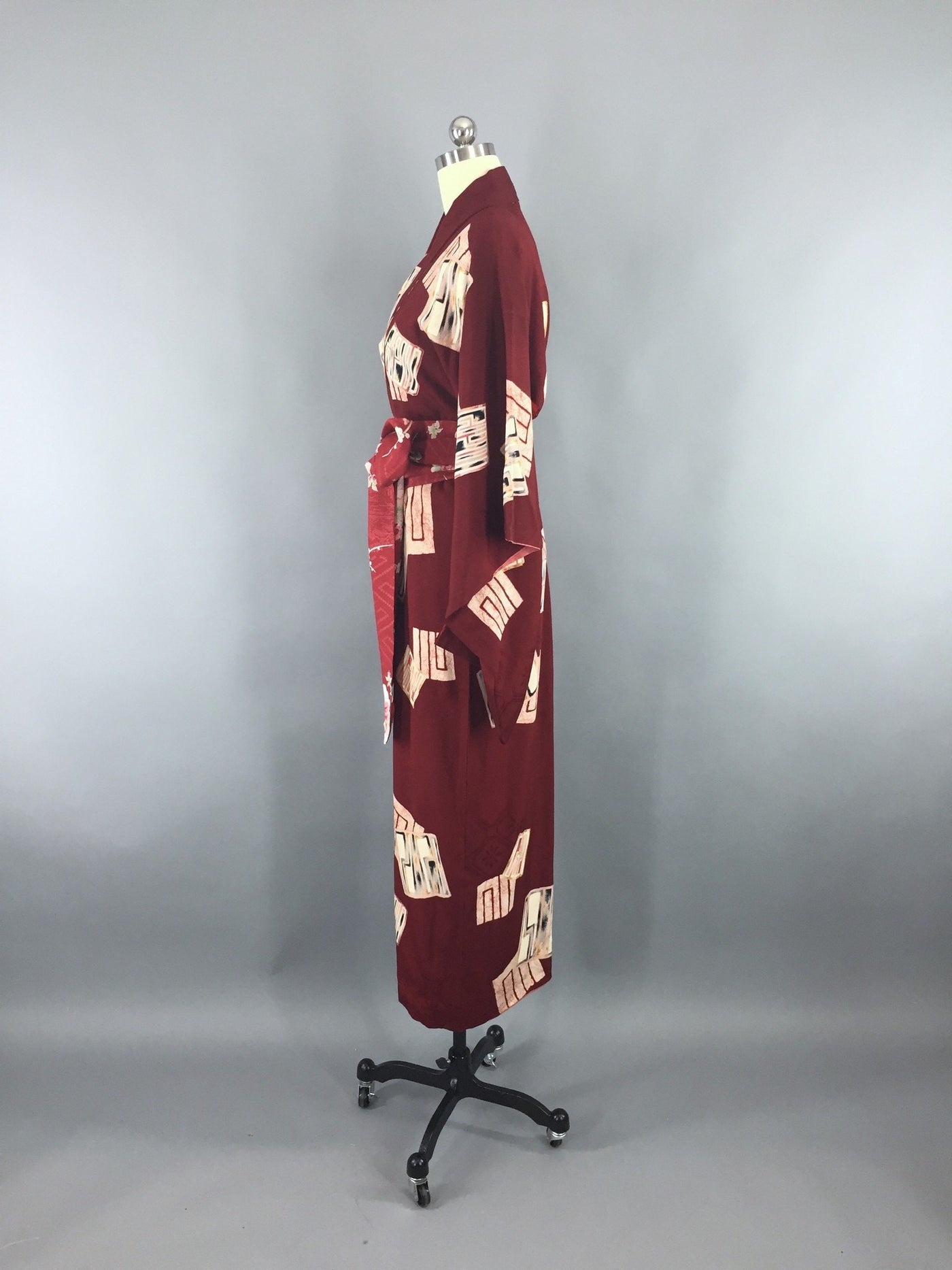 1940s Vintage Silk Kimono Robe with Maroon Red Abstract Print - ThisBlueBird