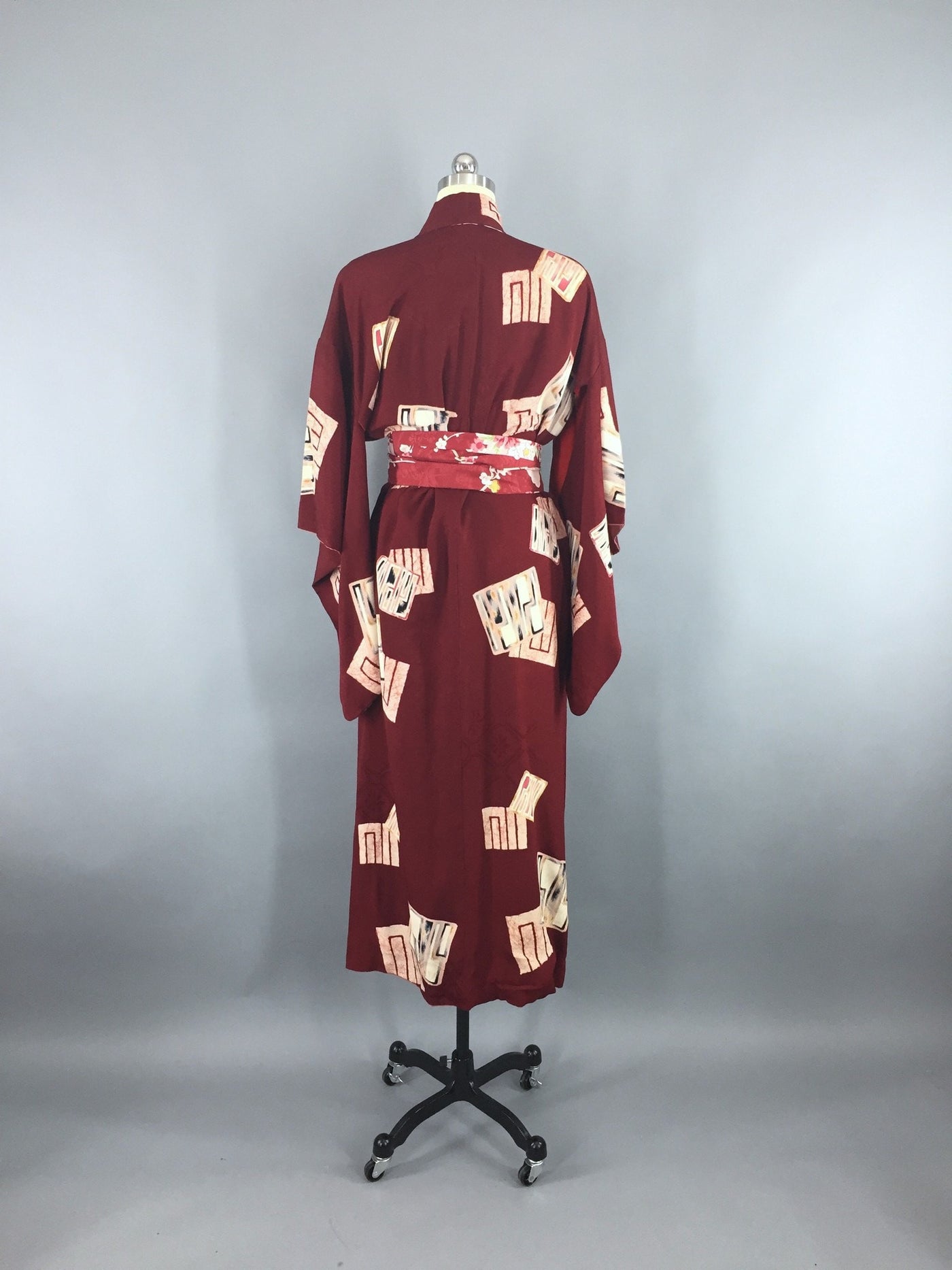 1940s Vintage Silk Kimono Robe with Maroon Red Abstract Print - ThisBlueBird