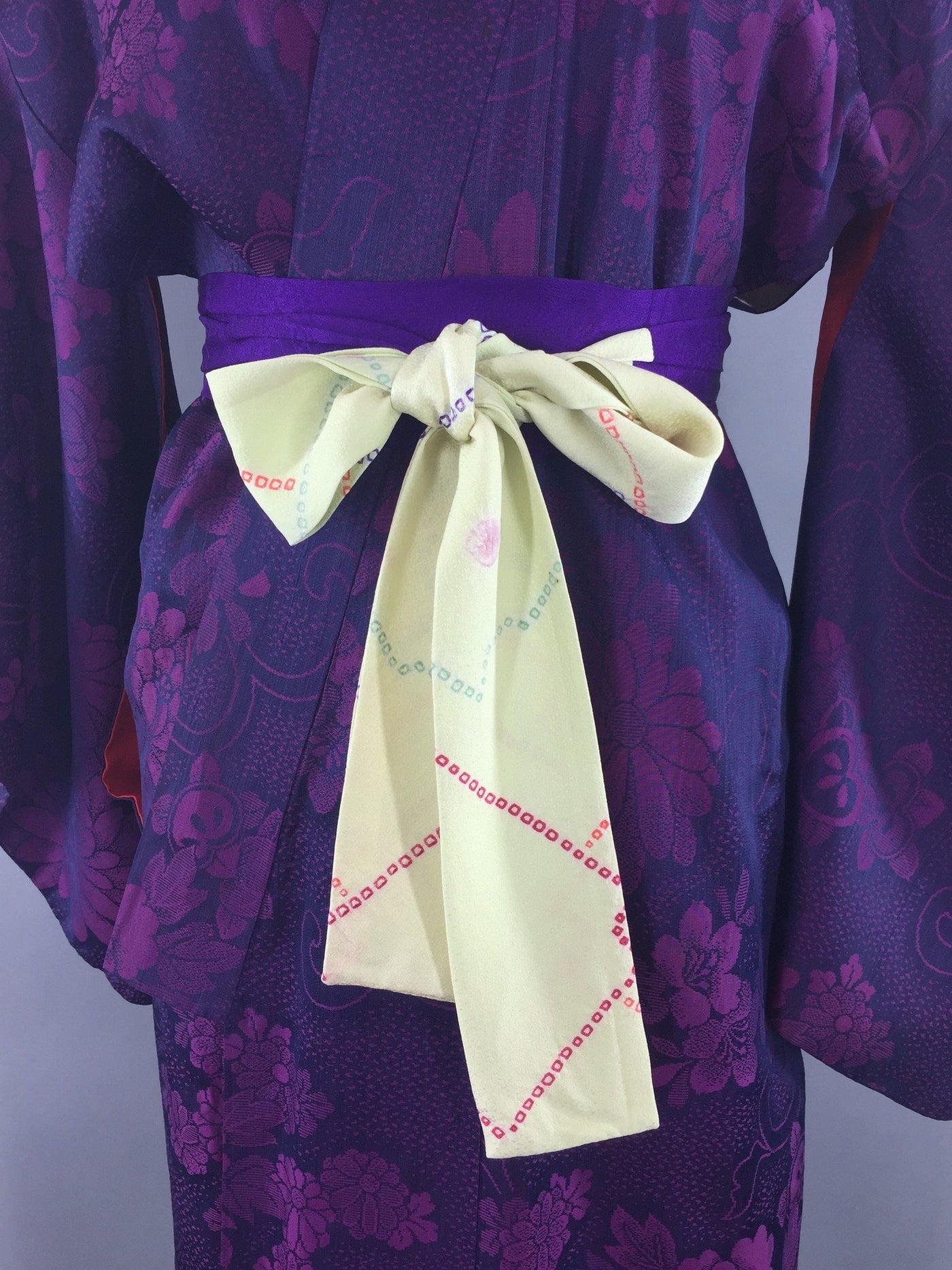1940s Vintage Silk Kimono Robe with Omeshi Purple Magenta Floral Embroidery - ThisBlueBird