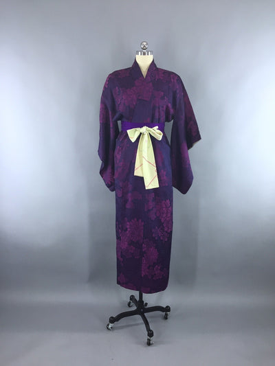 1940s Vintage Silk Kimono Robe with Omeshi Purple Magenta Floral Embroidery - ThisBlueBird